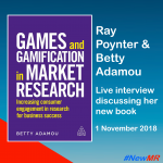 Promotional graphic advertising the Ray Poynter and Betty Adamou interview about her book Games and Gamification in Market Research